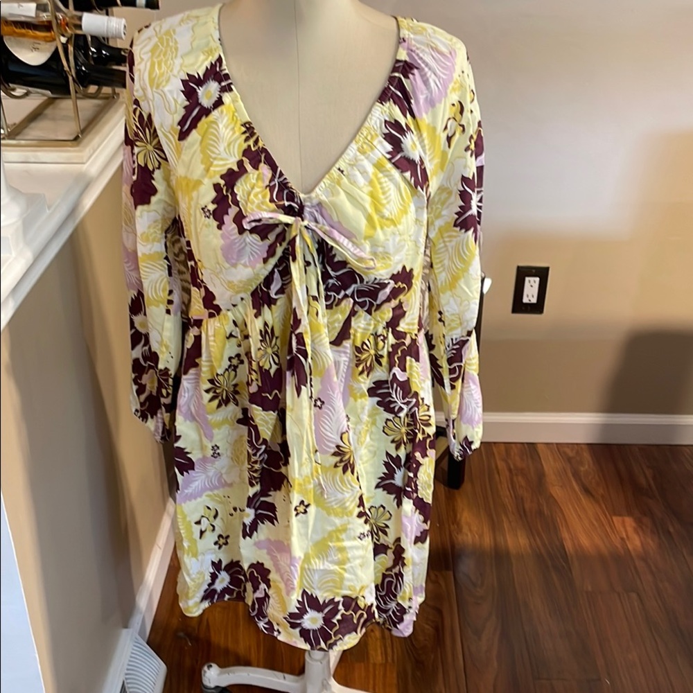 Anthropologie yellow and Purple Tie Front Blouse